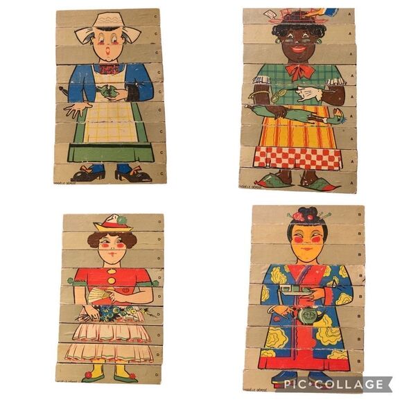 RARE Vintage French Wood 9 Piece 4 Nationalities Picture Puzzle - Picture 1 of 7